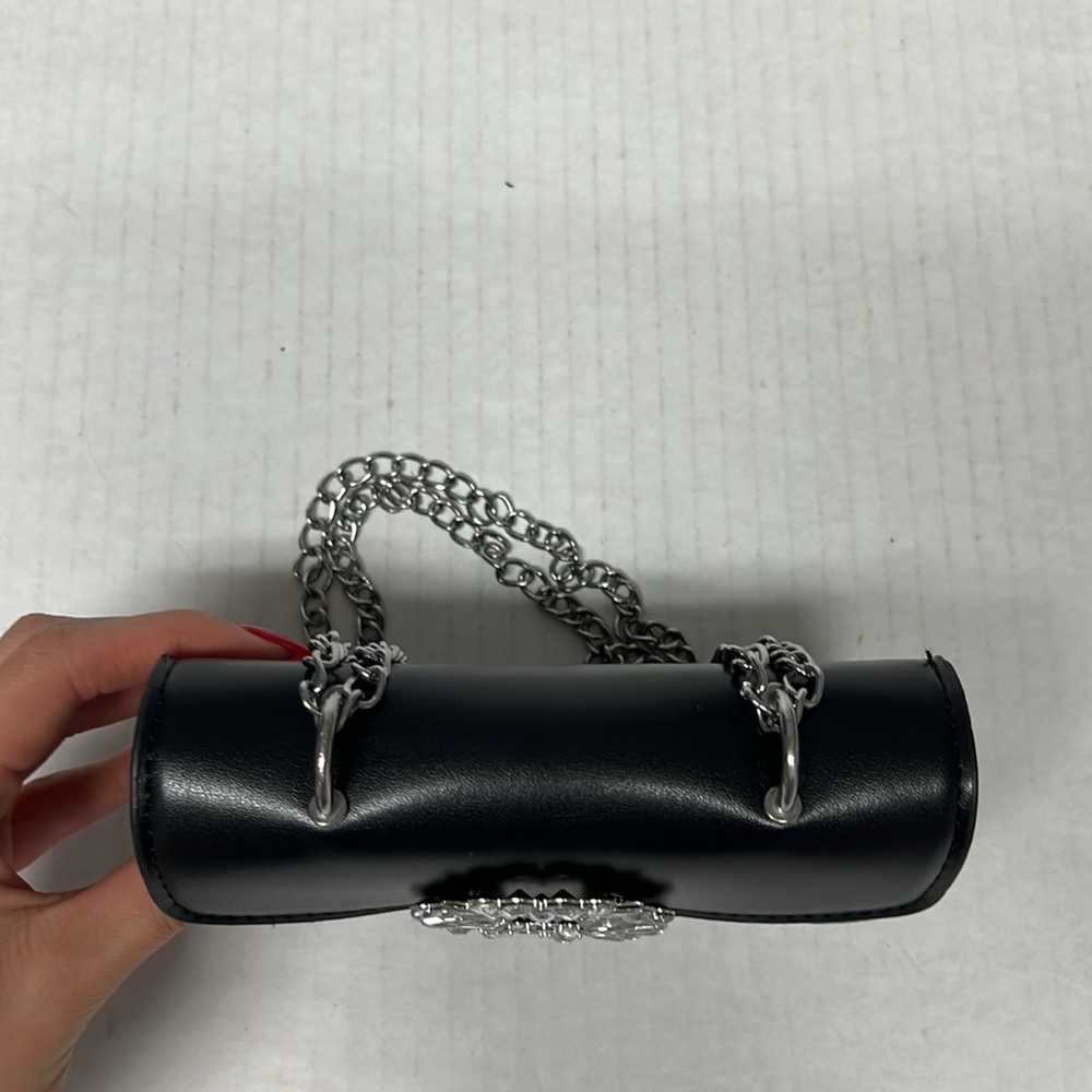 Black leather Rhinestone embellished chain shoulder party Mini Bag night out - Picture 13 of 16